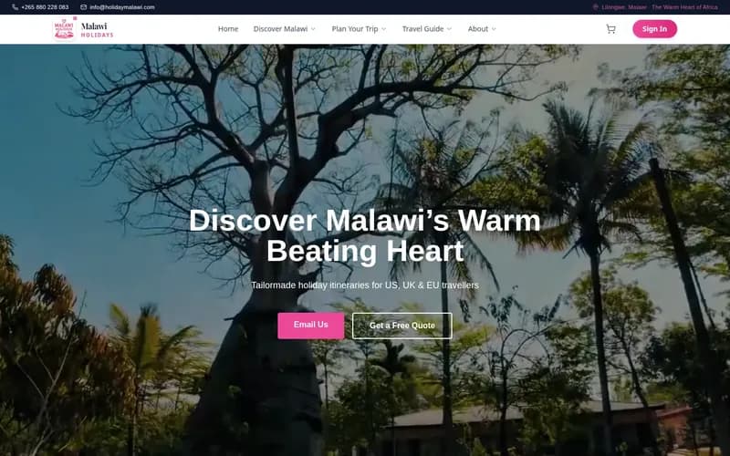 Malawi Holidays home page with a baobab tree hero