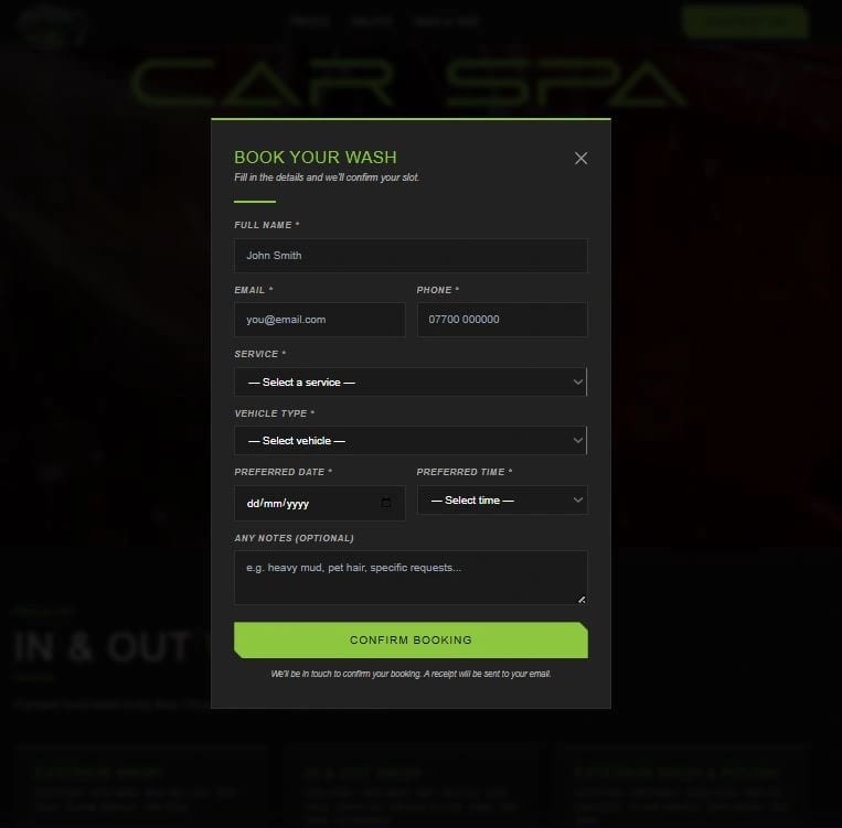 Booking Form – Laptop view